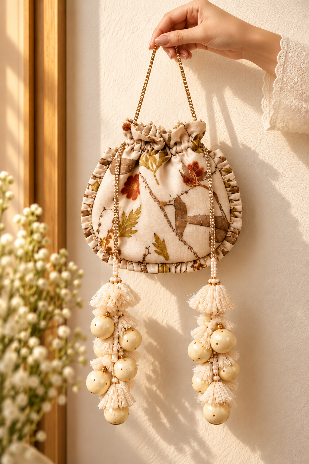 Beige Kanchi Eco-print Potli — carrying view