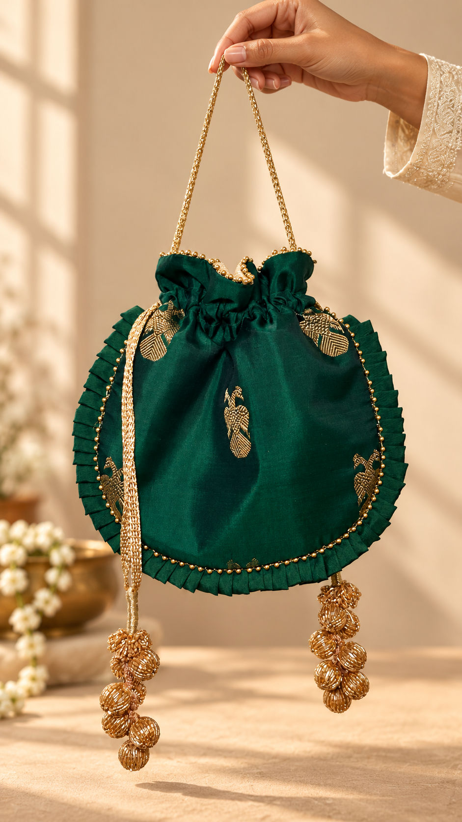 Bottle green potli with two-faced bird motif — carrying view