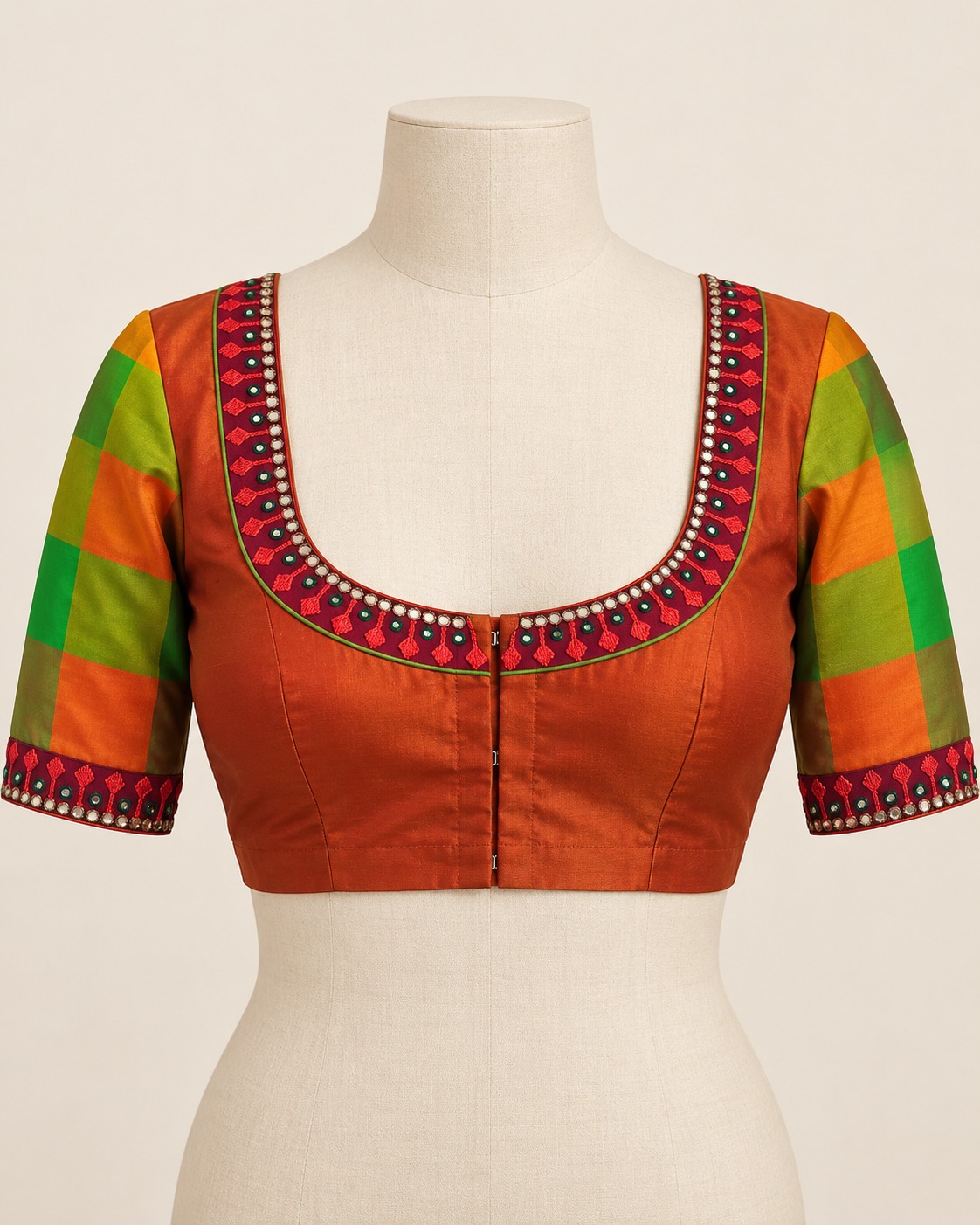 Copper blouse with green checked sleeves