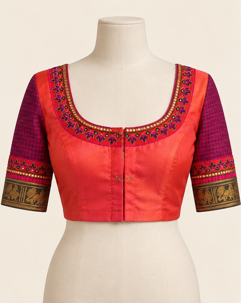 Coral & Purple Checks blouse — front