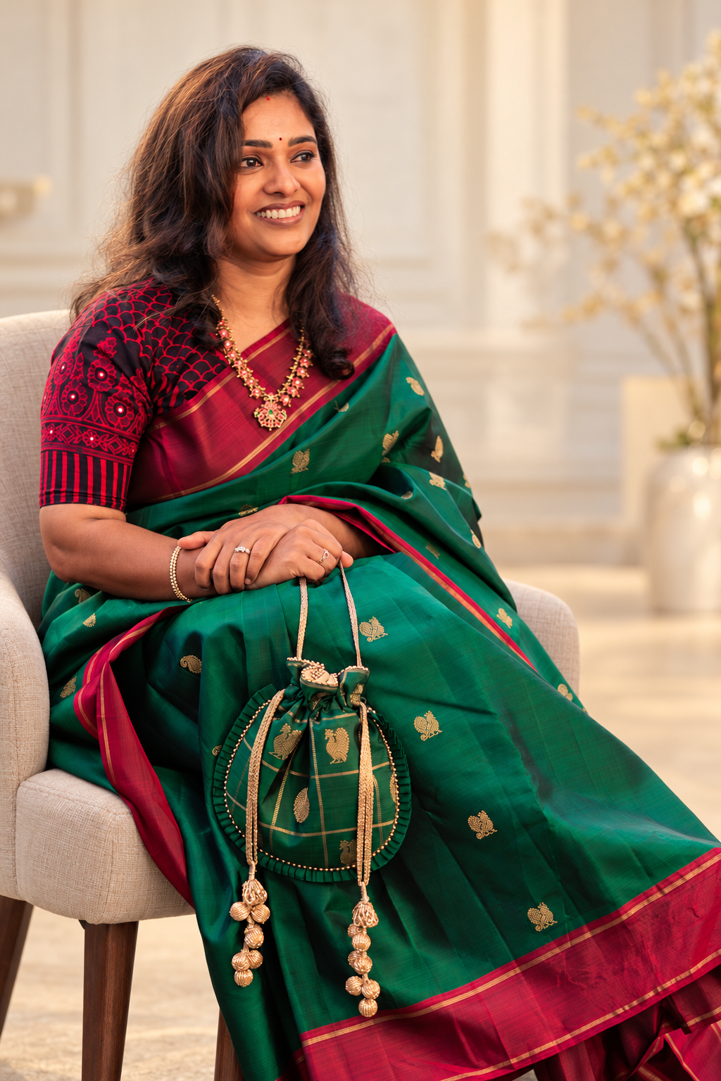 Subha smiling in a green saree and embroidered black and red blouse, holding a green and gold potli