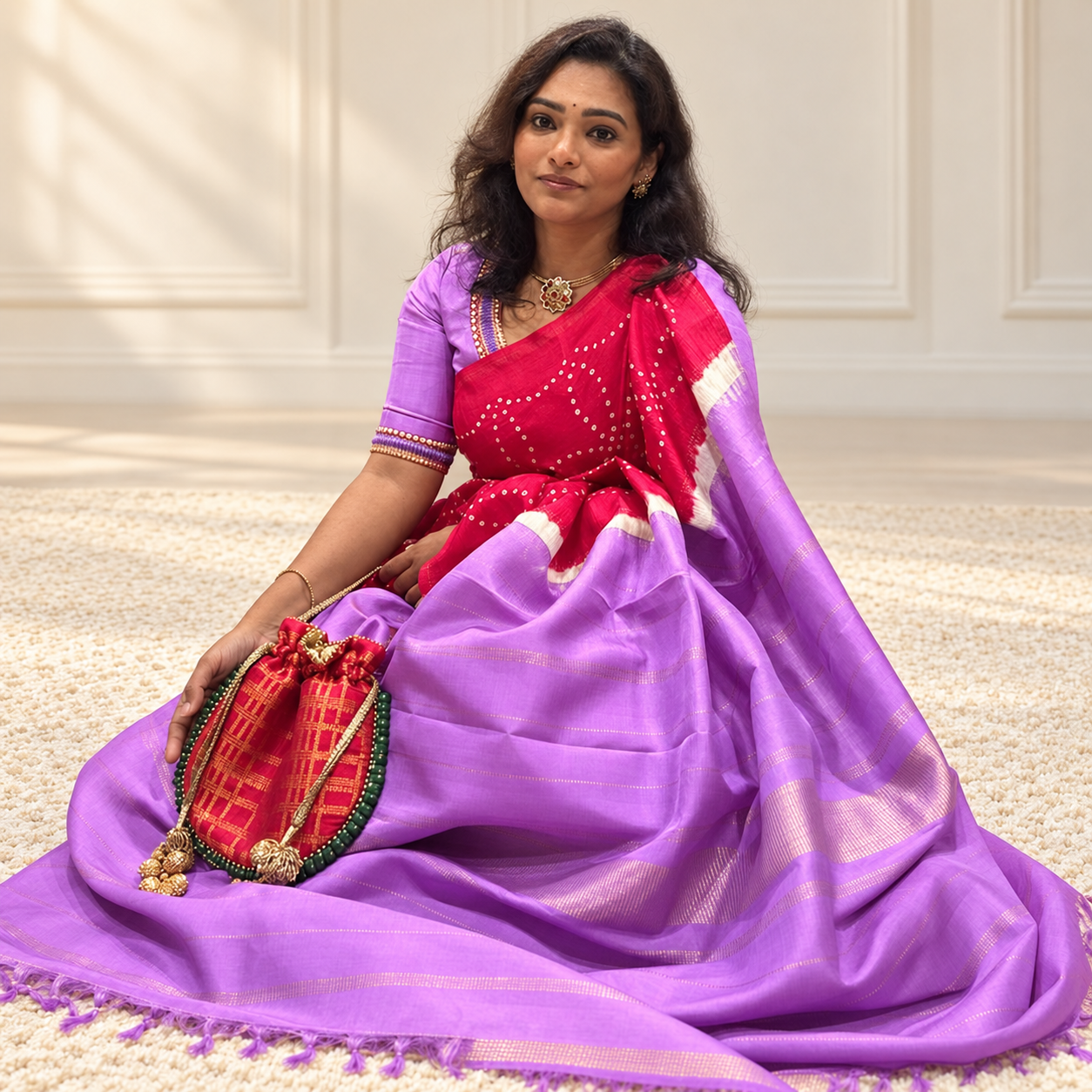 Subha seated against an ivory backdrop in a pink and lavender saree with a red checked potli