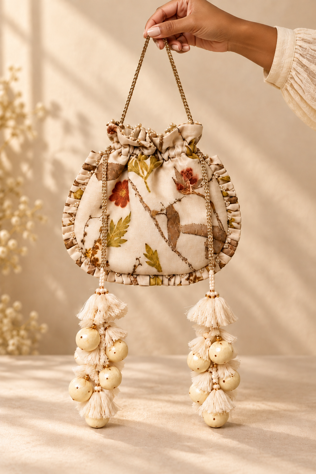 Beige Kanchi Ecoprint Potli — studio view